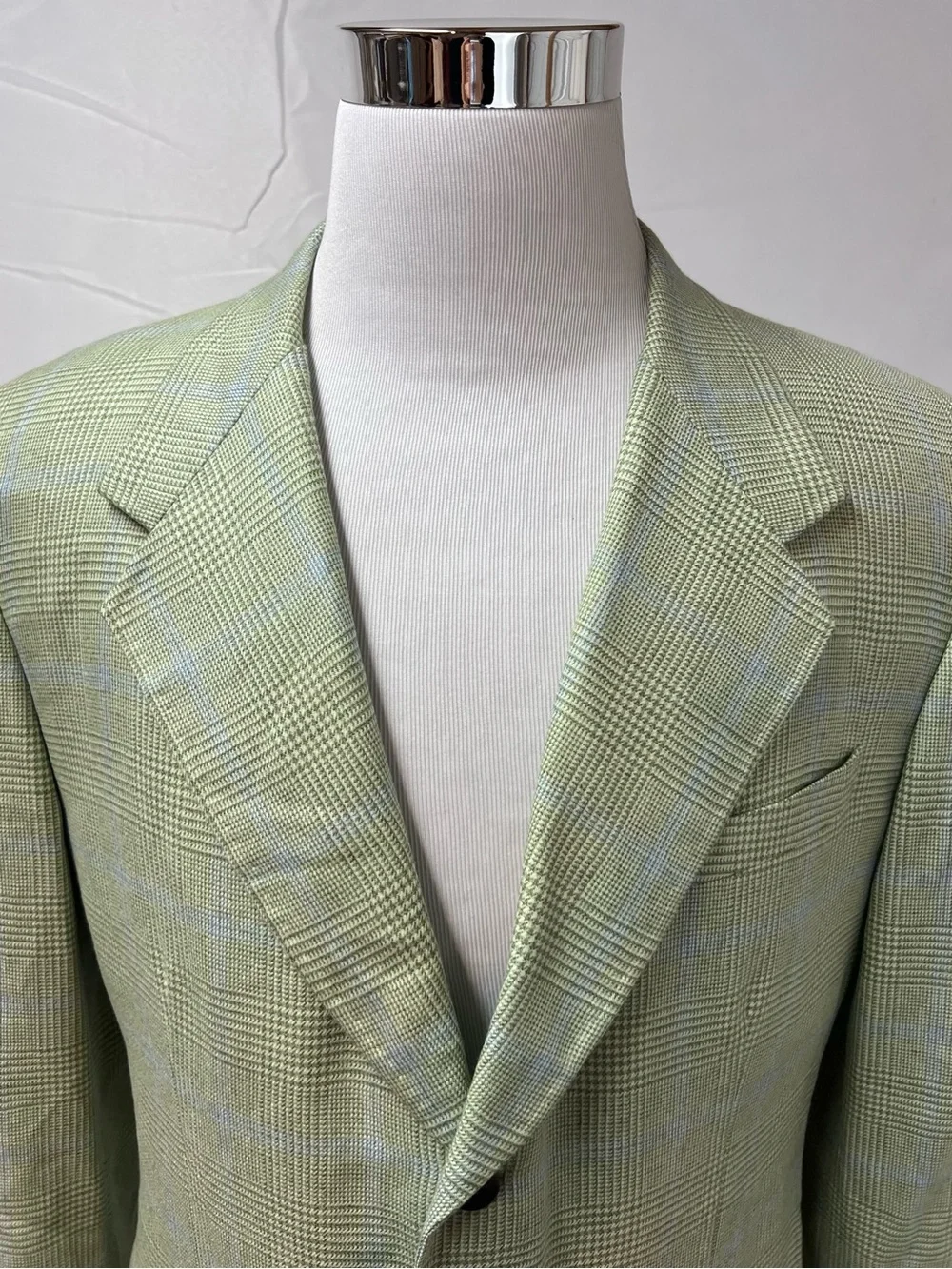 Bespoke Custom Men's 42L Mint Green Blue Windowpane Glen Plaid Blazer Jacket